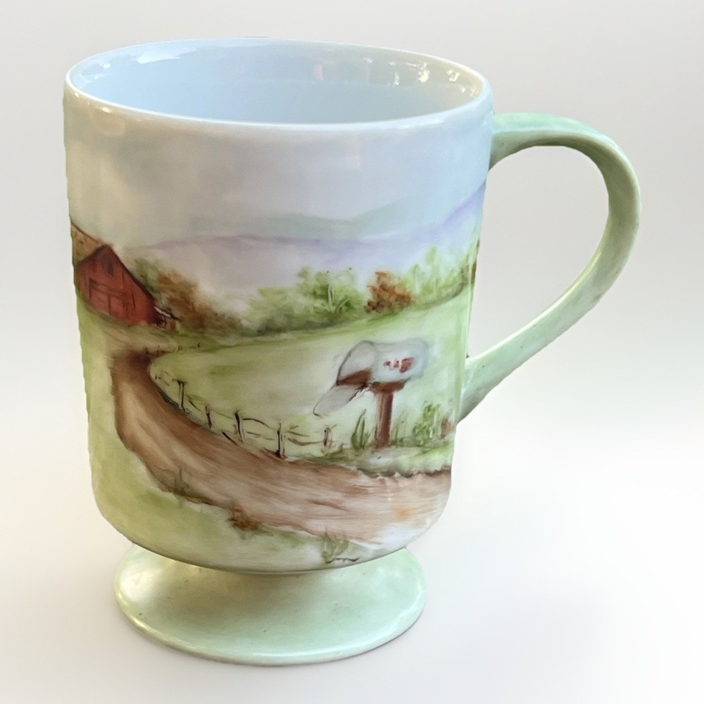Vintage Hand Painted Farm Scene Pedestal Mug Personalized Signed 1981 - Picture 1 of 9